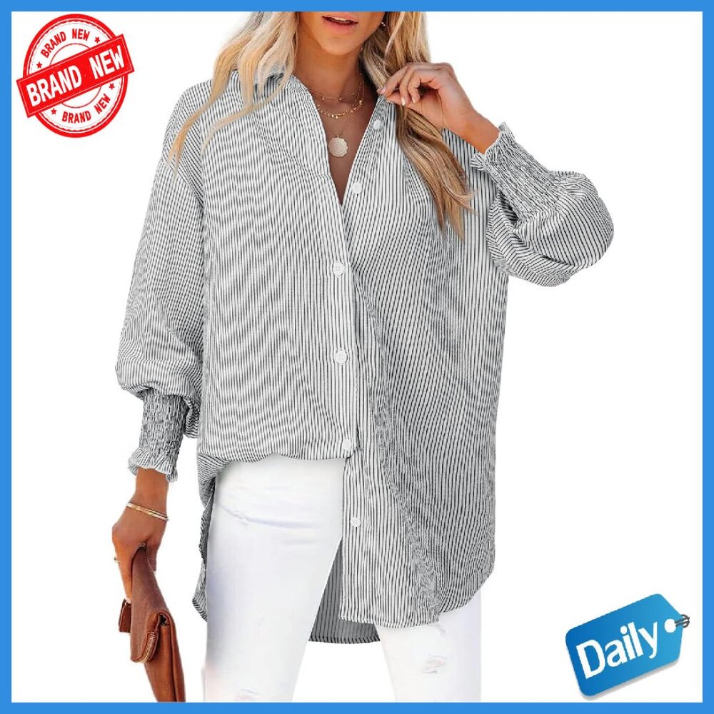 Oversized Striped Button Down Blouse Long Sleeve … - image 1